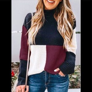 Color Blocks Patchwork Long Sleeve Rib Knit 🧶 Knitted Soft Wine Red Sweater
